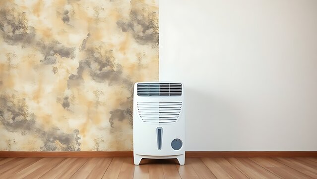dehumidifier. A split composition of a dry wall and a moldy surface with a dehumidifier in the center. ESG reports, sustainability campaigns, designed for environmental awareness campaigns.