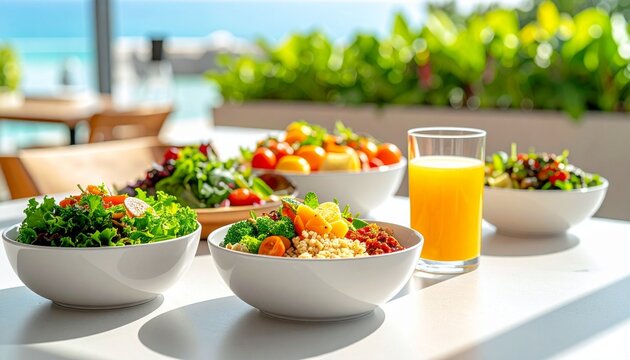 the room serves a variety of healthy and fresh food options. On the clean white table, there was a bowl of green vegetable salad, a grain bowl with broccoli and cherry tomatoes, and a bowl ofn