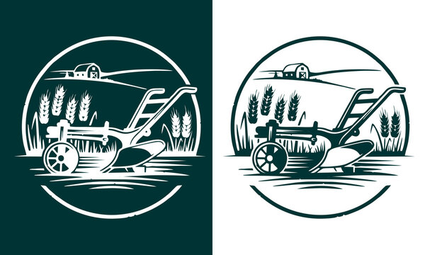 Vintage illustration of a plow on a farm with wheat fields and barn in the background, concept of agriculture and cultivation