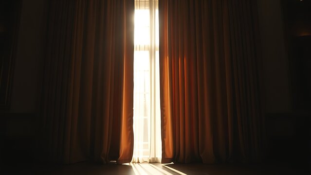 pleat. Heavy velvet curtains filtering sunlight, creating a warm ambient glow in an elegant room. real-estate listings.