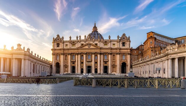 Large basilica, imposing facade, a classic example of architecture. The image shows a historic building. The sky is clear, with a beautiful sunrise