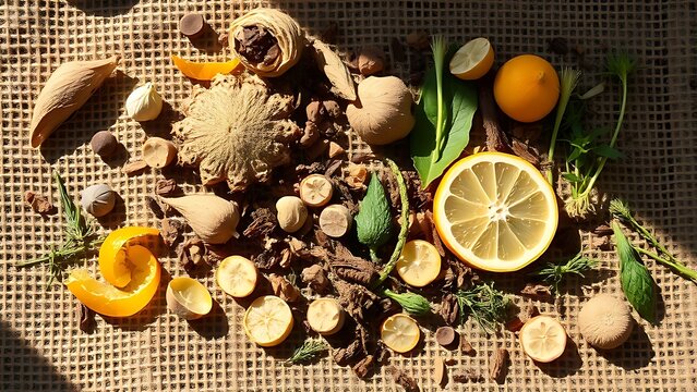 correlating. Assorted botanicals scattered on rough burlap fabric in sunlight. gardening catalogs, home-decor guides, designed for home decor and floral branding, promotes healthy living.