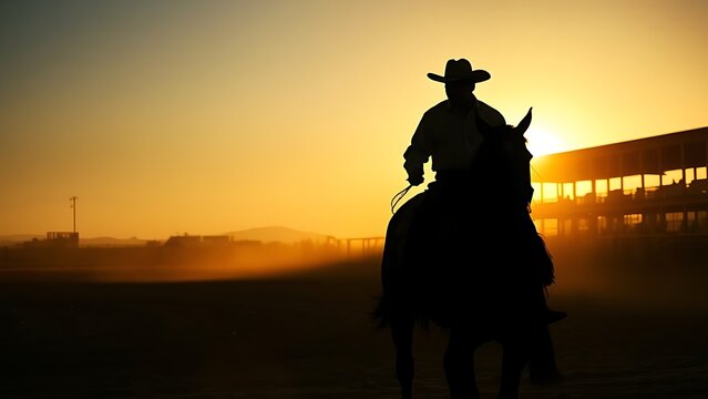 charro. Silhouette of a rider at the edge of a dusty arena during sunset, casting long shadows. inspiring travel planning, event programs, designed for cultural heritage projects and event programs.