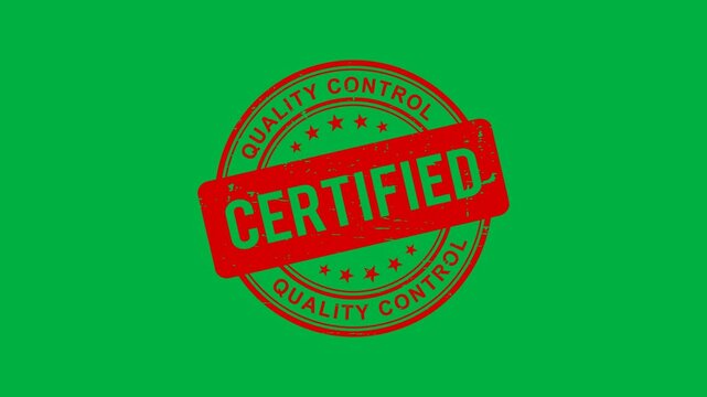 Quality control certified stamp animation, certified red rubber seal with stars on green screen, industrial manufacturing guarantee and product verification