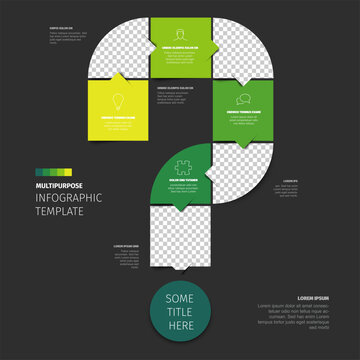 Green question mark infographic template for business presentations with text and photo placeholders. This infographic template simplifies complex question mark data visualization tasks.