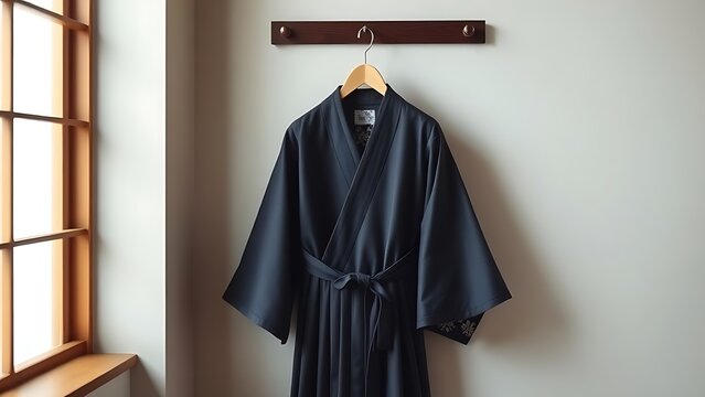 kataginu. A formal Japanese kamishimo garment hanging on a hanger. event programs, museum guides, designed for cultural heritage projects and event programs.