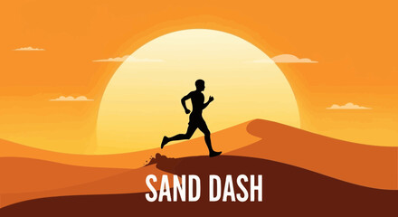 Fototapeta premium Runner Silhouetted Sprinting Across Dunes at Sunset Illustrates Sand Dash Concept
