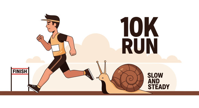 Runner Sprinting Towards Finish Line, With a Snail in a Humorous Competitive Race Scene