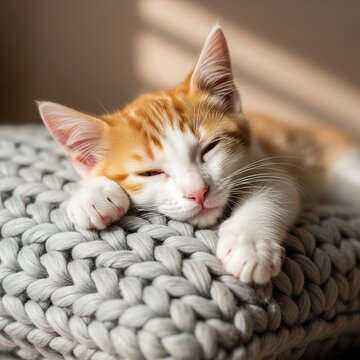 Resting ginger cat on knitted cushion with soft lighting