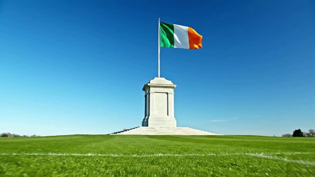 Irish flag waving on a monument.