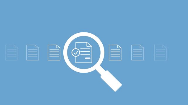 Document management, file search and auditing, folder data analysis. close up to hand, hold magnifier to search file to management. Motion graphics of document concept
