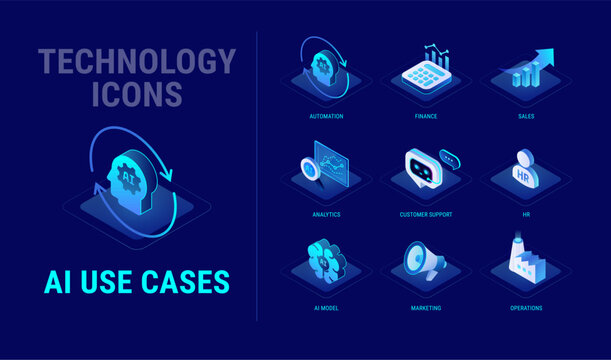 Technology icons set for AI Use Cases workflow diagram - AI automation in marketing, sales, customer support, operations, finance and HR business applications - high quality isometric vector