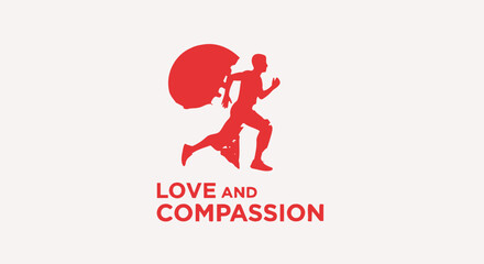Fototapeta premium Running Figure Carrying Symbolic Burden of Love and Compassion in Red on White Background
