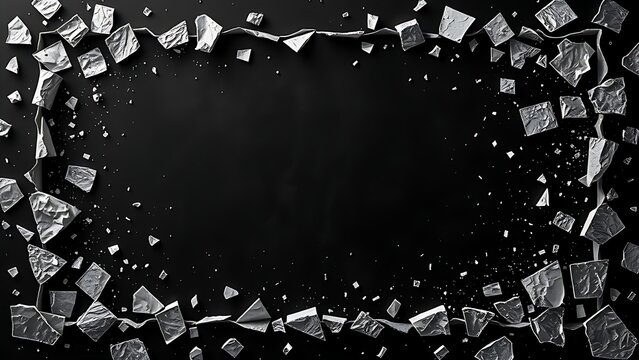 sedition. Shattered frame border with fragments dispersing on dark background, breaking constraints concept. wellbeing guides.