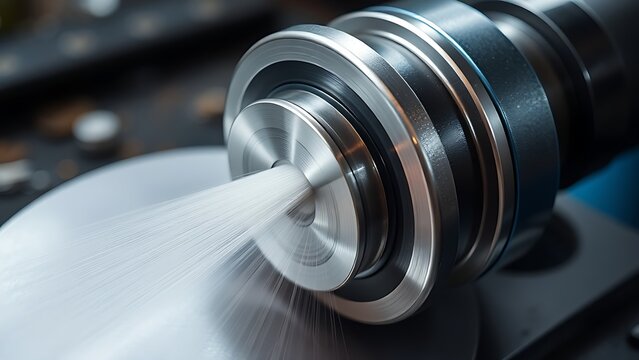 abrasive. A rotating jewelry polishing wheel buffing a silver surface in a workshop. safety posters, maintenance manuals, designed for industrial assembly lines and welding operations.