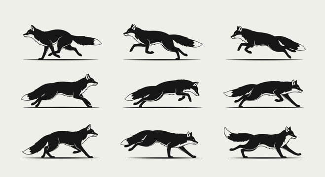 Running Foxes Silhouetted in Motion on a Seamless White Background