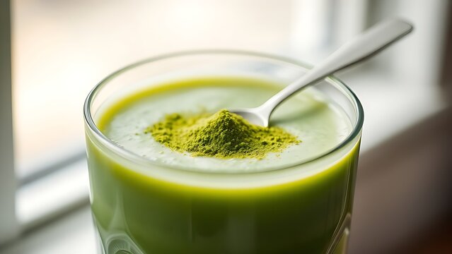 chlorella. A glass of green smoothie with chlorella powder sprinkled on top. bar promotions, beverage menus, designed for food & beverage menus and cafe branding, used by it administrators.