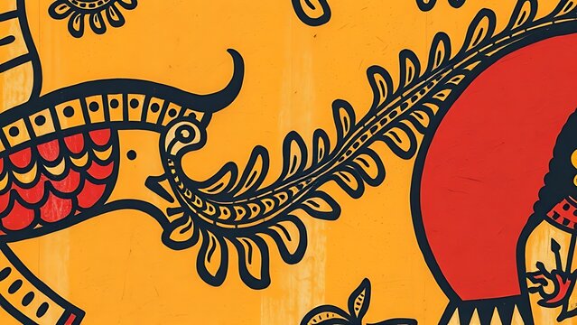 monologue. Traditional Indian mural detail on earthen wall, intricate black outlines and natural pigments. event programs, museum guides, designed for cultural heritage projects and event programs.