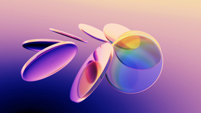 Colorful transparent glass plates with dispersion effect on neon light background