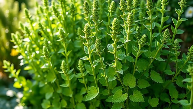 lovage. A cluster of tall, vibrant green lovage plants thriving in a cottage garden. gardening catalogs, home-decor guides, designed for home decor and floral branding, used by researchers.