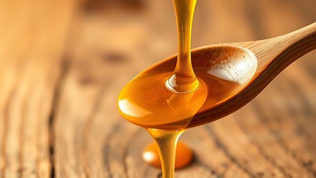 libertarianism. Golden honey dripping from a wooden spoon against a natural wood background. menu design, packaging mockups, designed for culinary blogs and recipe cards for restaurants.