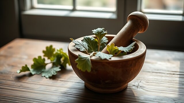 comfrey. A rustic ceramic mortar and pestle with dried leaves on a wooden table. menu design, packaging mockups, designed for food delivery and cloud-kitchen brand materials.