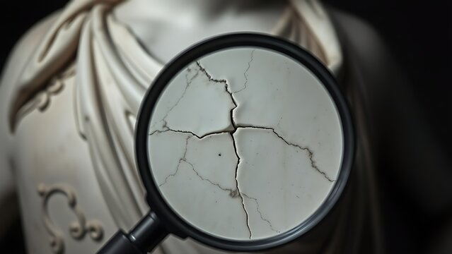 couter. A magnifying glass examines a fine crack in a classical marble sculpture. event programs, museum guides, designed for cultural heritage projects and event programs.