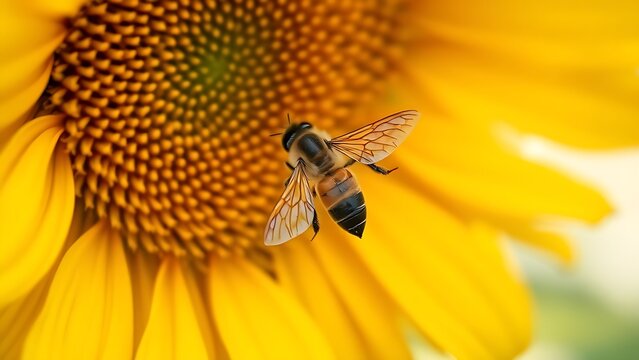 involucre. Close-up of honeybee wings hovering in a sunflower, morning light, soft background. wildlife magazines, conservation campaigns, designed for eco-tourism storytelling.