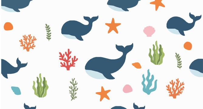 Ocean seamless vector pattern with cute whales starfish seashells and seaweed on white background
