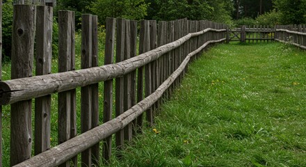 Obraz premium Wooden fence in green field.