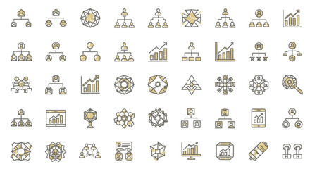 Obraz premium Business icons, 40 gold and grey symbols, infographic elements, corporate set