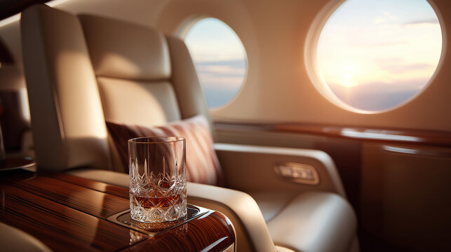 Private jet cabin with cream leather reclining seats and burl wood accents mid flight showcasing crystal detail and luxury interior plush seating