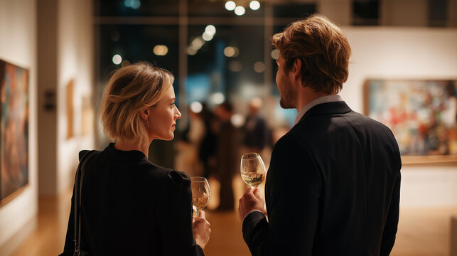 Two collectors privately viewing an illuminated Basquiat painting in a white gallery at night with a quiet exclusive mood