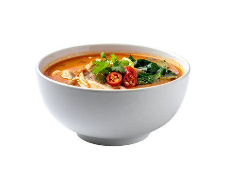 Creamy thai tom yum soup in white bowl with herbs and chili slices