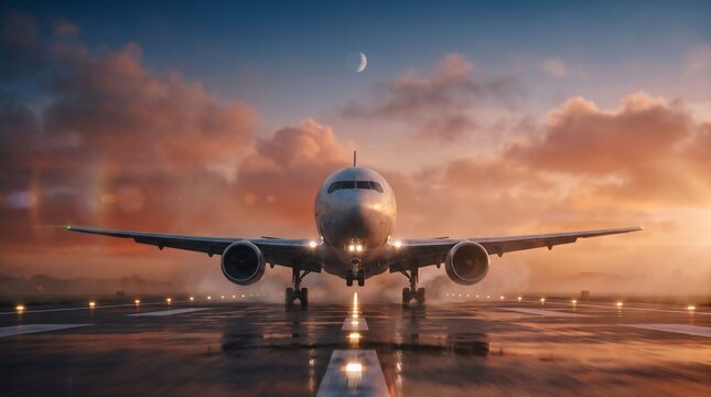 Cinematic Airplane Landing on Runway at Sunset &ndash; Dramatic Aviation Scene with Reflection and Lights