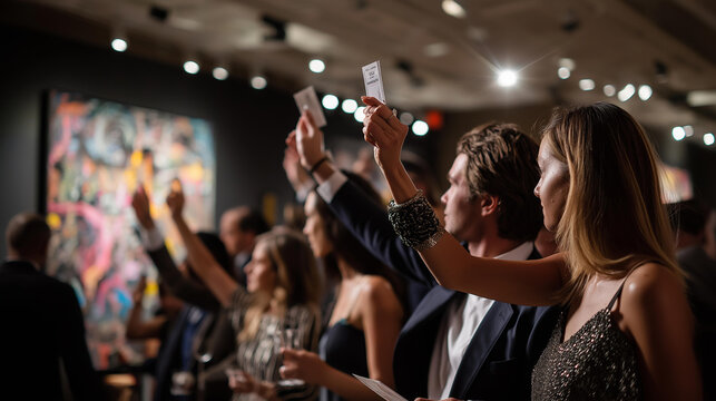 Guests raising paddles at a charity auction in a New York saleroom spotlighting a Basquiat painting during an elegant evening fundraiser