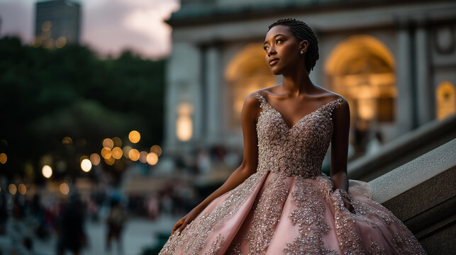 Woman in a couture evening gown on the Metropolitan Museum steps in New York at dusk showcasing staircase fashion elegance