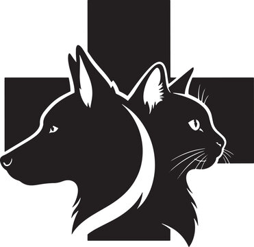 Black and white illustration of dog and cat heads side by side