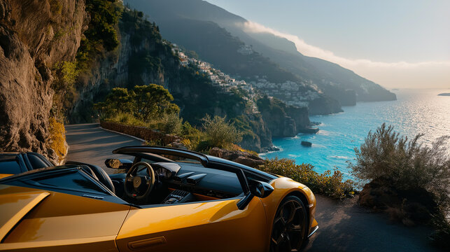 Yellow convertible supercar parked on a clifftop overlooking the blue sea and Positano coastline on the Amalfi Coast luxury coastal panorama