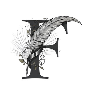 Ornate gothic letter F with feather and botanical accents