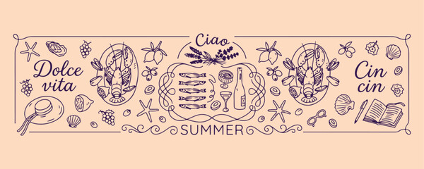 Ciao summer holiday beach vacation, tropical island life line art, hand drawn summer travel doodle, minimalist coastal holiday vector sketch, creative summer greeting design asset, beach party and lei © Geetaroy