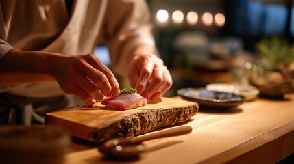 Fototapeta premium Master chef presents a single aged bluefin otoro nigiri during a private omakase at a cypress sushi counter in Tokyo intimate traditional dining mood