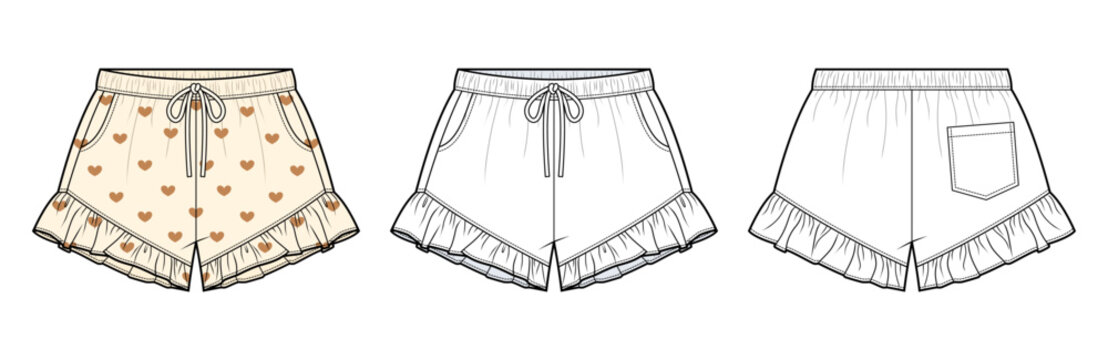 Ruffle Hem Lounge Shorts technical fashion illustration. women sleepwear shorts vector template. elastic waistband drawstring. frill hem. heart print. front back view. casual loungewear. CAD mockup.