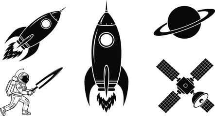 Retro black white space set with two rockets, astronaut holding sword, saturn planet, and satellite vintage illustration © jamiul