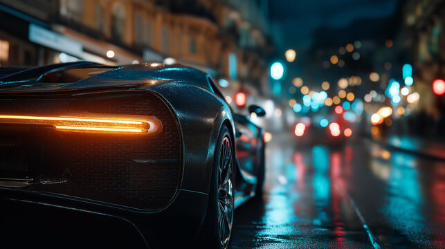 Close up of a matte black luxury supercar parked on a rain-slicked Monte Carlo street at night with reflective wet pavement and moody lighting