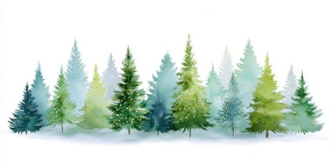 Obraz premium a forest of pine trees decorated with lights, a watercolor art on a white background.