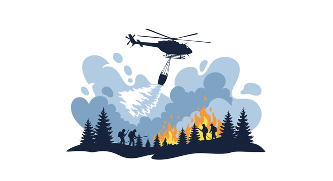 Wildfire rescue, helicopter dropping water, forest firefighting, emergency response