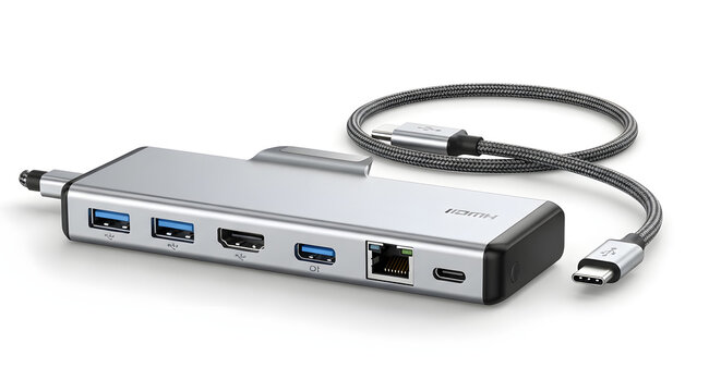 USB hub with multiple ports and cable for computer connectivity transparent background
