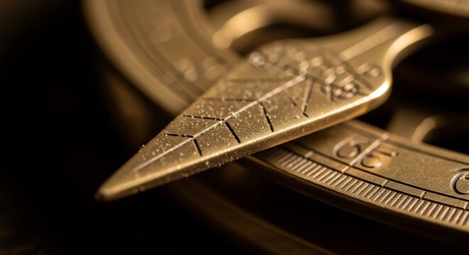 Close-up of an antique brass astrolabe with intricate engravings and markings.