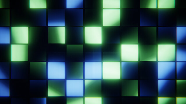 Digital square pixels lighting up a grid pattern, creating a retro technology background concept
